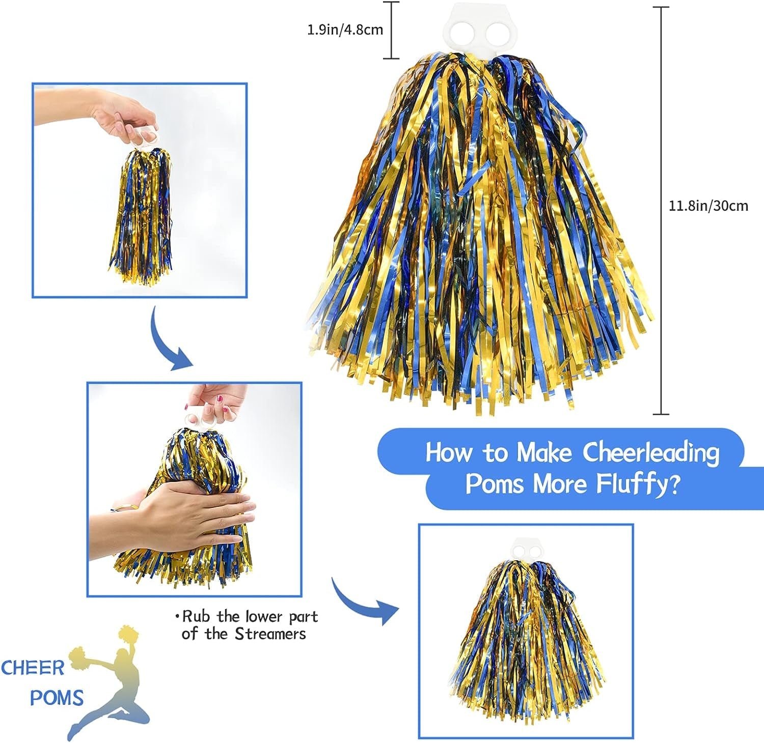 4pcs Metallic Foil Cheerleading Pom Poms, Premium Cheerleader